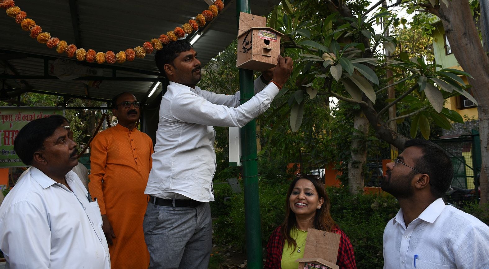 गौरैया के लिए लगाए कृत्रिम घोंसले