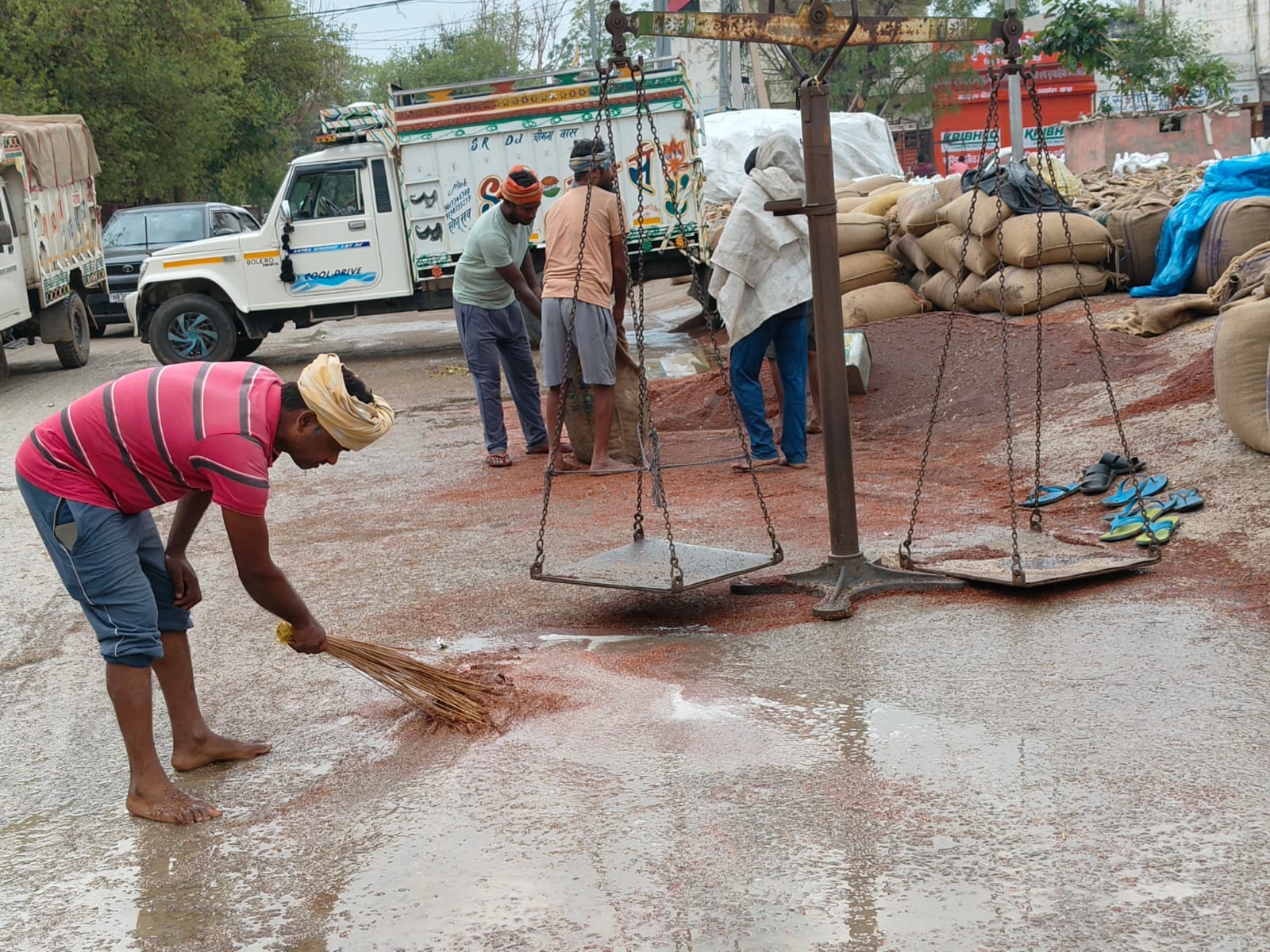 नई अनाज मंडी में सरसों की फसल को समेटते श्रमिक। संवाद