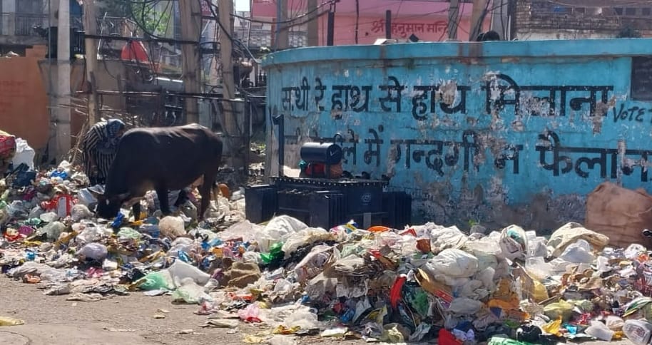 रेवाड़ी। नाईवाली चौक के पास कूड़े के डस्टबिन के बाद पड़ा कूड़ा। संवाद