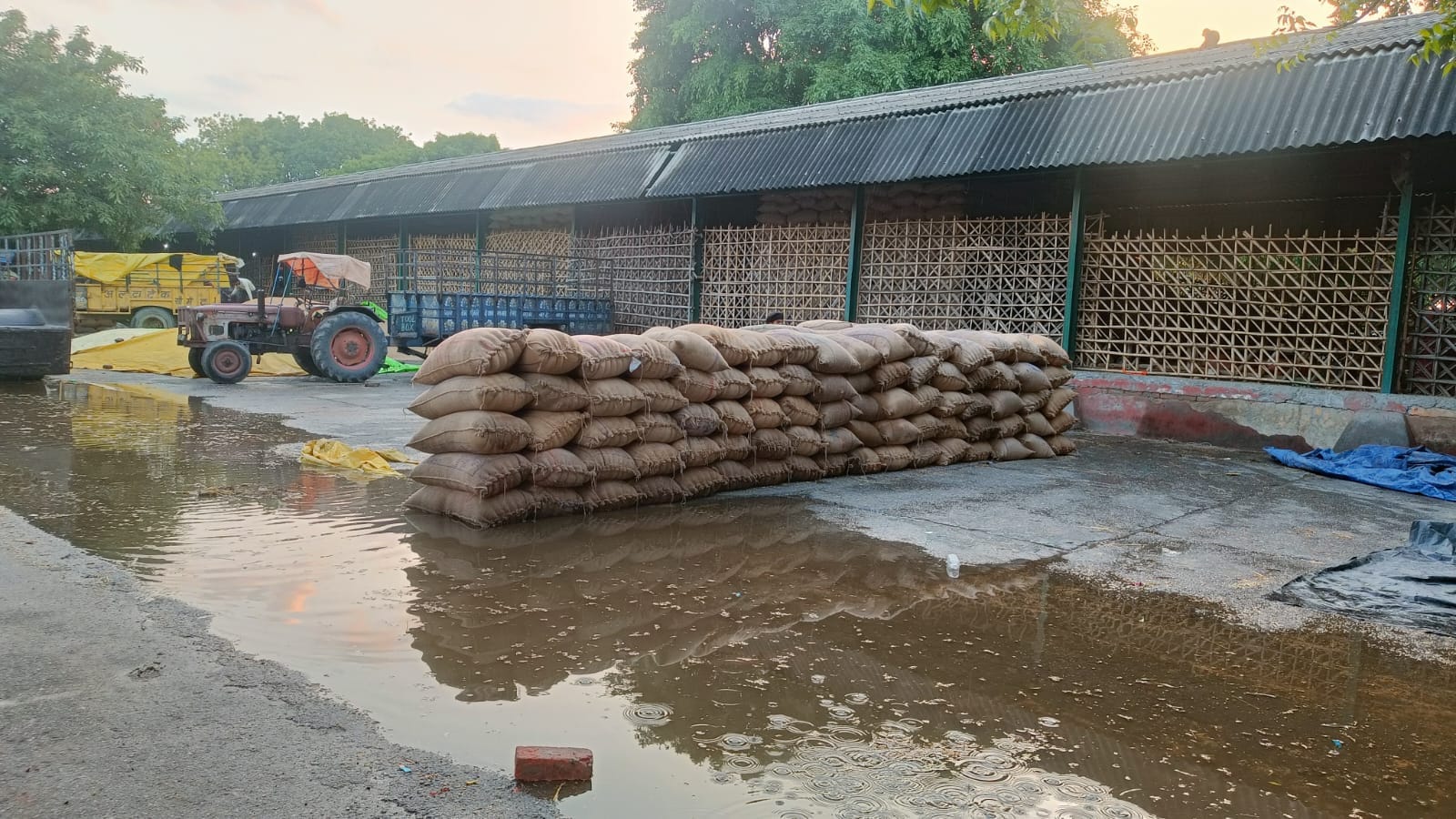 पुवायां मंडी में तिरपाल से ढके गेहूं के ढेर और छाए बादल। संवाद