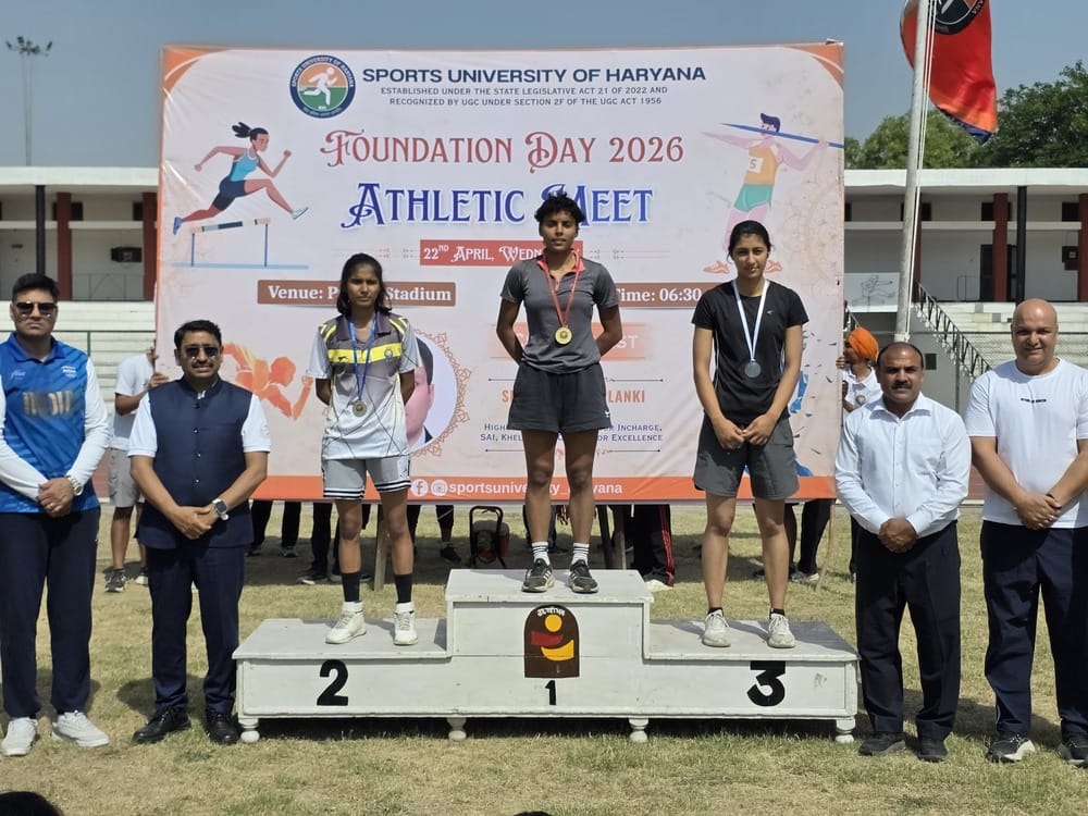 फोटो : सोनीपत के हरियाणा खेल विवि, राई में आयोजित एथलेटिक्स मीट के दौरान गोला फेंकती छात्रा। स्