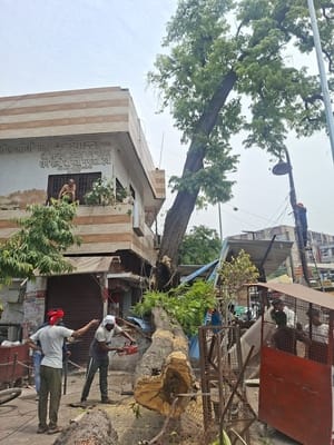 मौसम बदलने से दिन में हुआ अंधेरा। बारिश के दौरान कहीं गिरे पेड़, कहीं खंभे और टूटे तार।