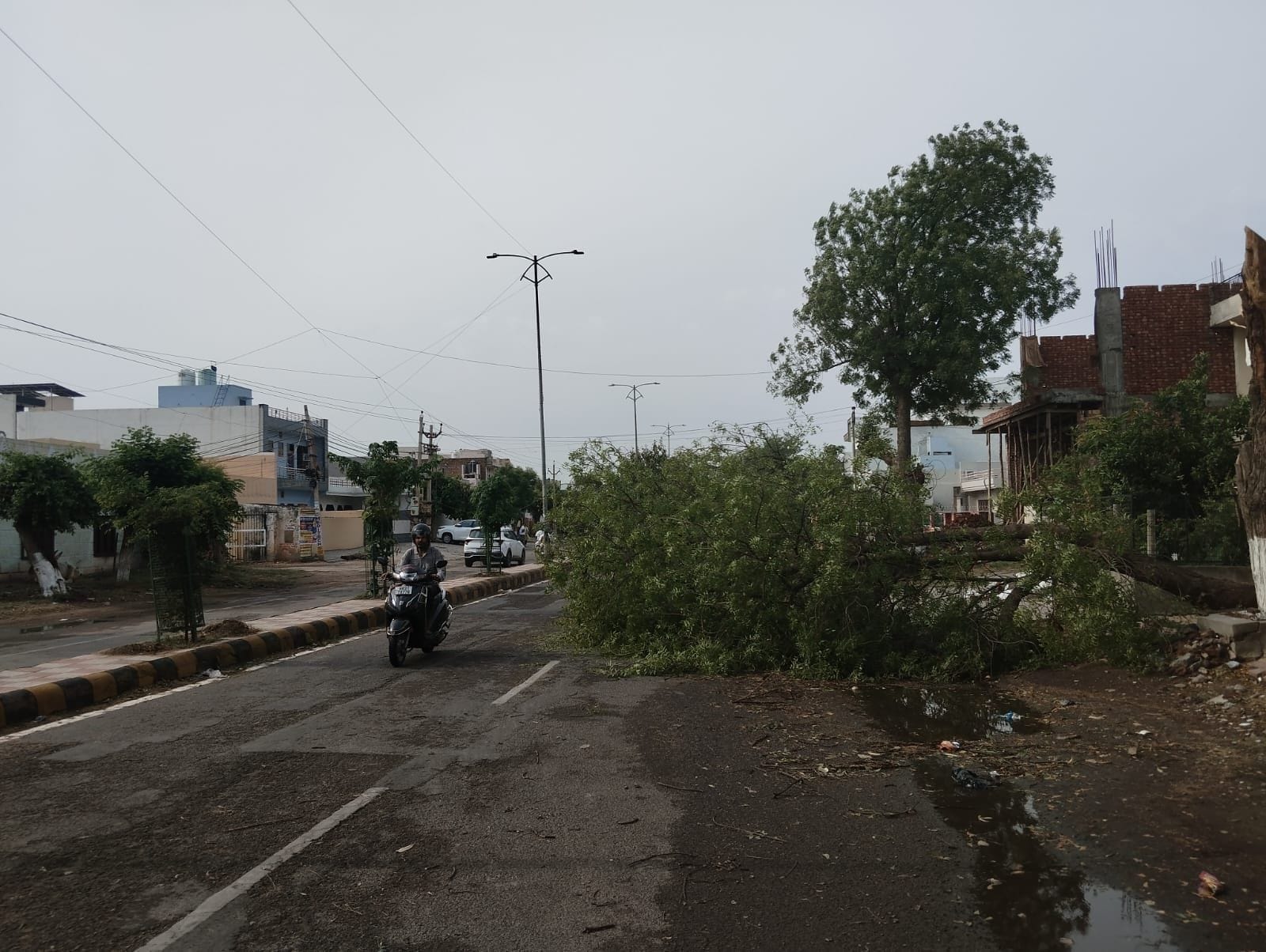 04जेएनडी29: रात को हुई बरसात के बाद सुबह रेड क्रॉस कार्यालय के बाहर सड़क पर ठहरा पानी। संवाद