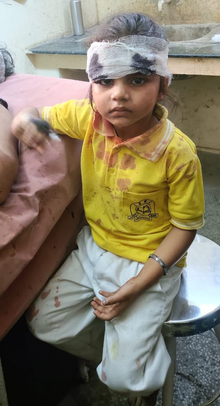 निगोही में हुए हादसे में पलटी स्कूली बस। संवाद
