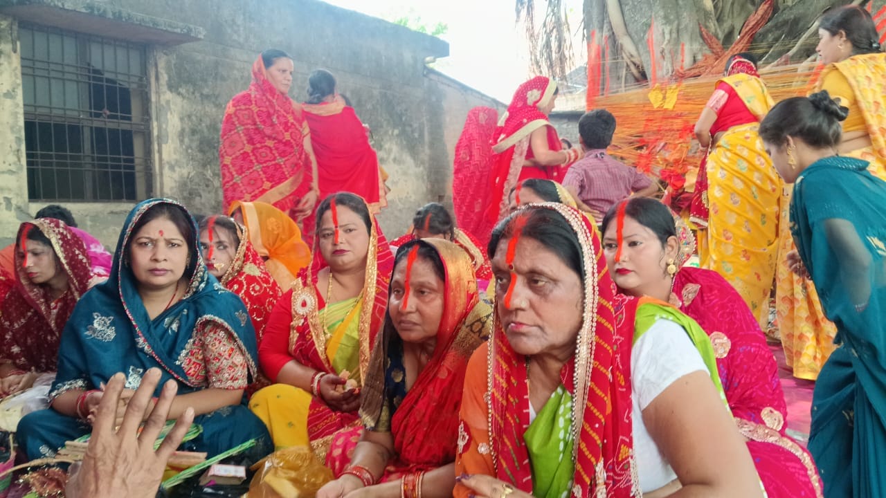 सेवरही में वट वृक्ष की पूजा करतीं महिलाएं।संवाद सेवरही में वट वृक्ष की पूजा करतीं महिलाएं।संवाद