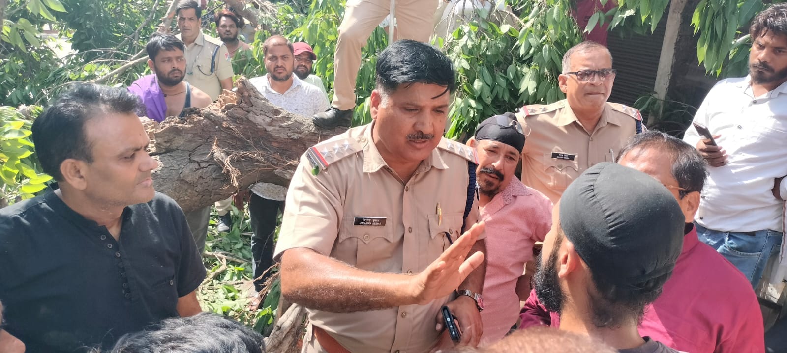 रेलवे स्टेशन के मुख्य गेट के पास काटे गए पेड़ के गिरने के चलते बंद  मार्ग। संवाद