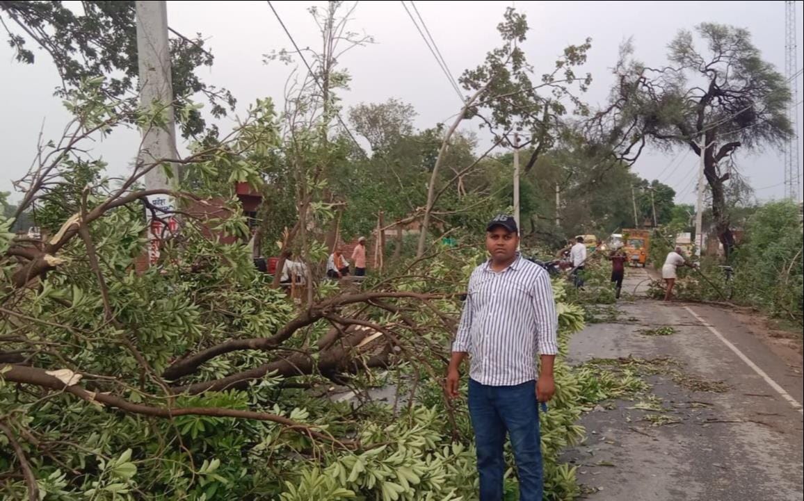 ज्ञानपुर दुर्गागंज मार्ग पर दुल्हीपुर बाजार के पास टीनेशेड पर गिरा नीम का पेड़। संवाद ज्ञानपुर दुर्गागंज मार्ग पर दुल्हीपुर बाजार के पास टीनेशेड पर गिरा नीम का पेड़। संवाद