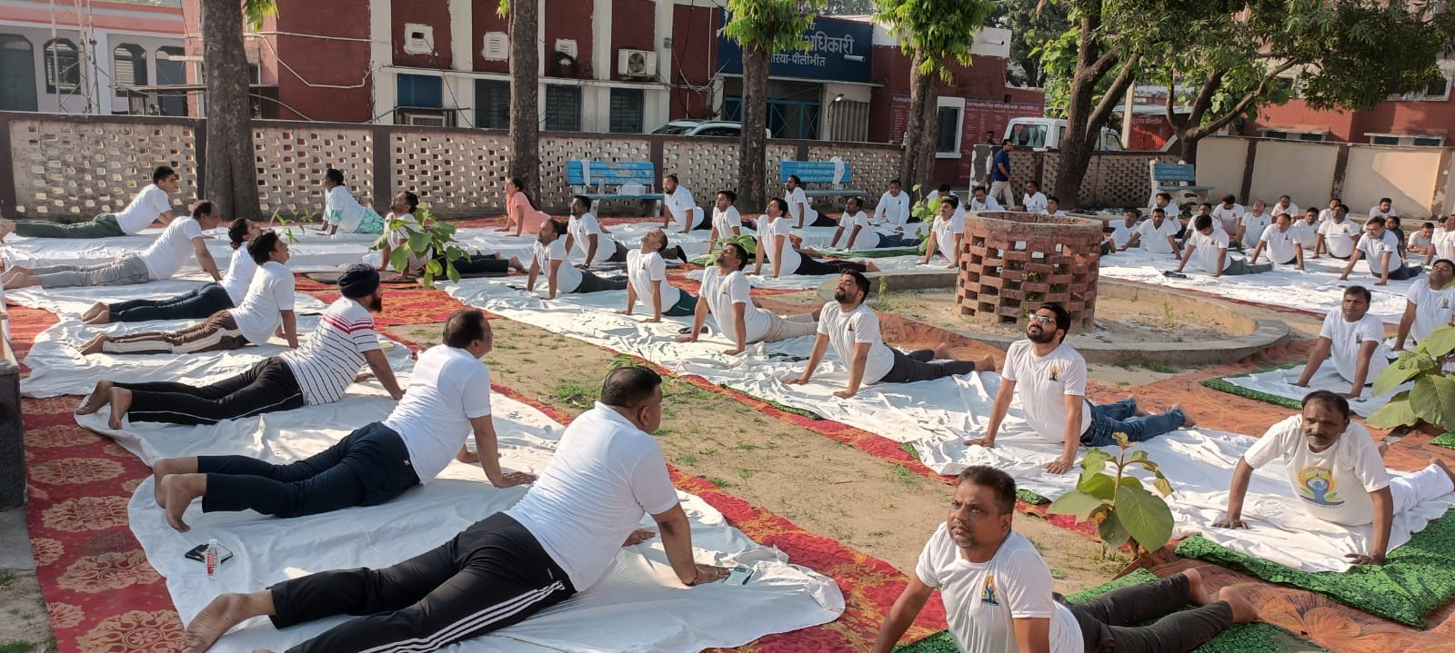 गांधी स्टेडियम में योग करते राज्यमंत्री, मंडलायुक्त व डीएम। गांधी स्टेडियम में योग करते राज्यमंत्री, मंडलायुक्त व डीएम।