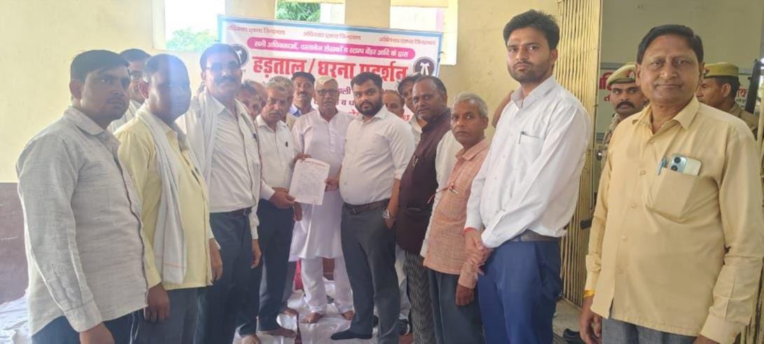 अलीगंज तहसील में ई-रजिस्ट्री का विरोध करते अधिवक्ता। संवाद