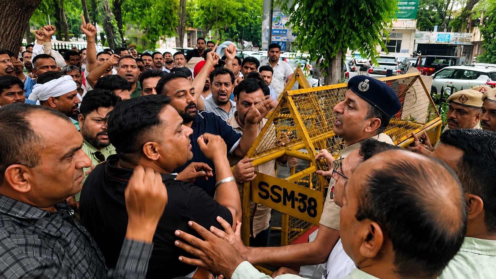 भाई कन्हैया साहिब चौक के पास पार्क में नारेबाजी करते विभिन्न संगठनों के कर्मचारी। संवाद भाई कन्हैया साहिब चौक के पास पार्क में नारेबाजी करते विभिन्न संगठनों के कर्मचारी। संवाद
