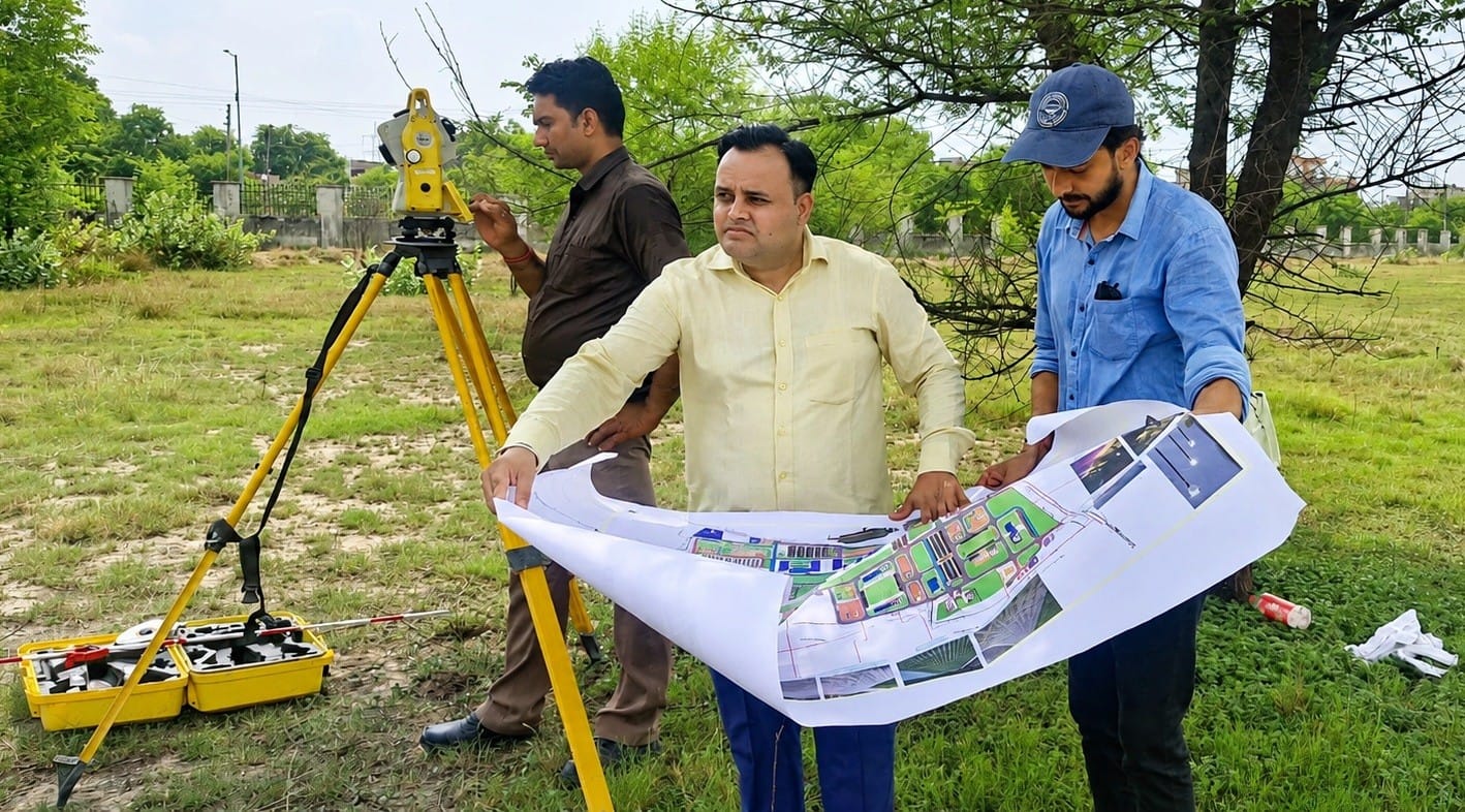 कुरुक्षेत्र। फतुहपुर में साइट का सर्वेक्षण कर रिपोर्ट तैयार करते कंपनी विशेषज्ञ। स्वयं