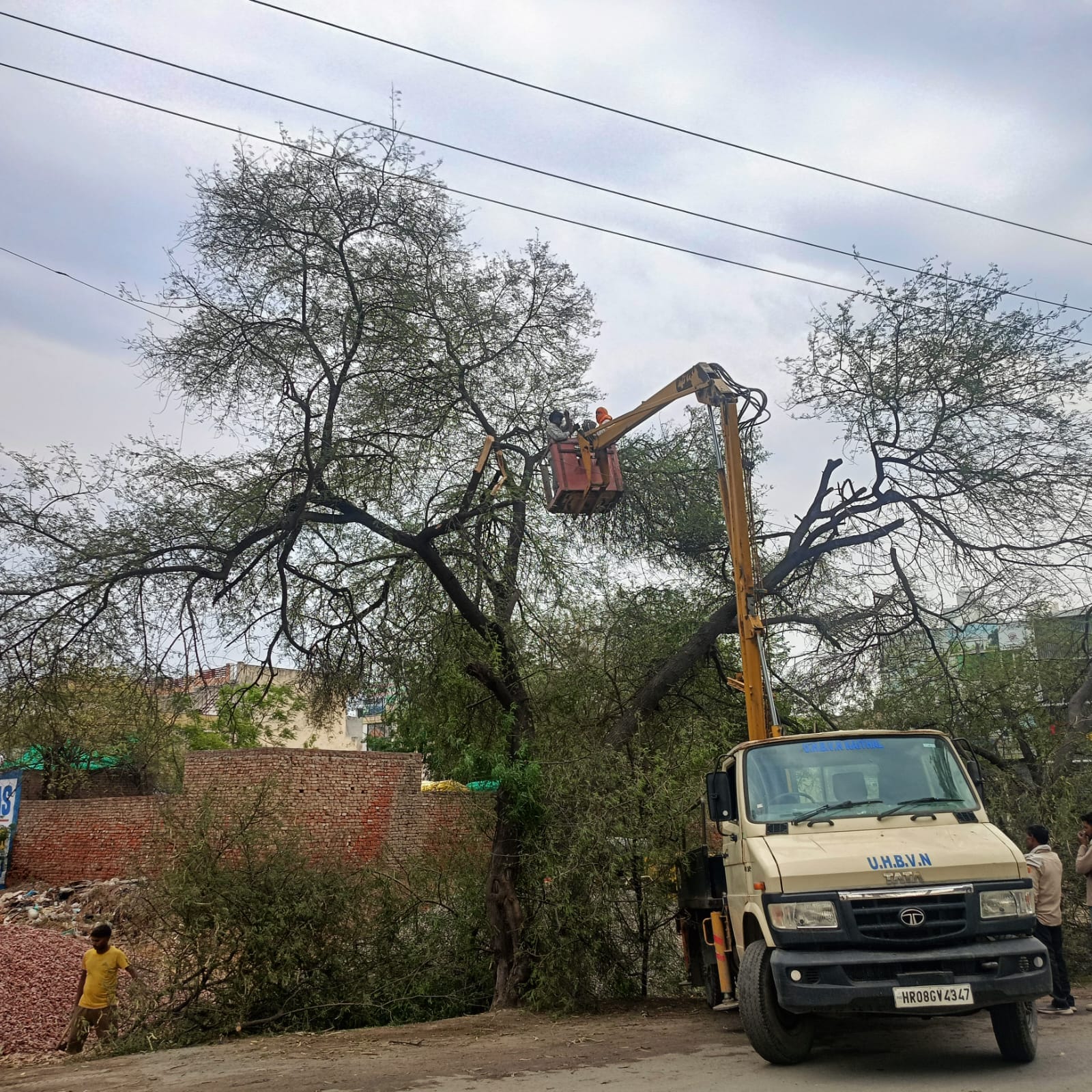 बिजली लाइनों को ठीक करते हुए कर्मचारी। संवाद बिजली लाइनों को ठीक करते हुए कर्मचारी। संवाद