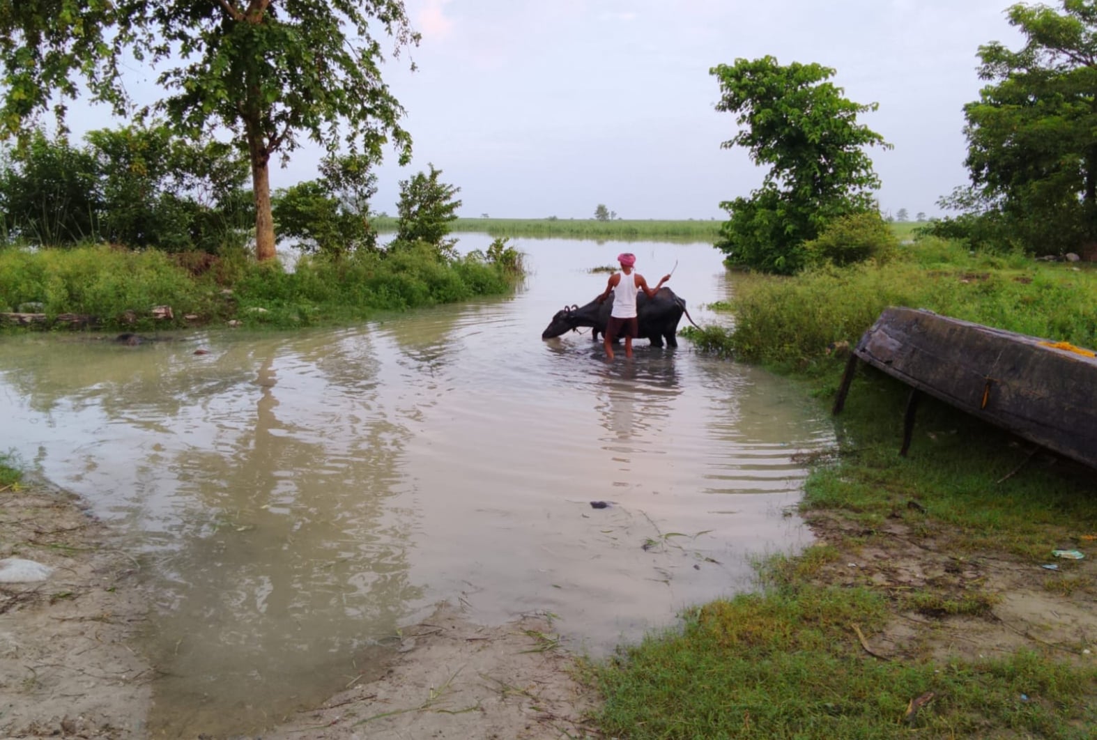 बझेड़ा में तटबंध पर बोरियों में मिट्टी भरकर की जा रही मरम्मत। संवाद बझेड़ा में तटबंध पर बोरियों में मिट्टी भरकर की जा रही मरम्मत। संवाद