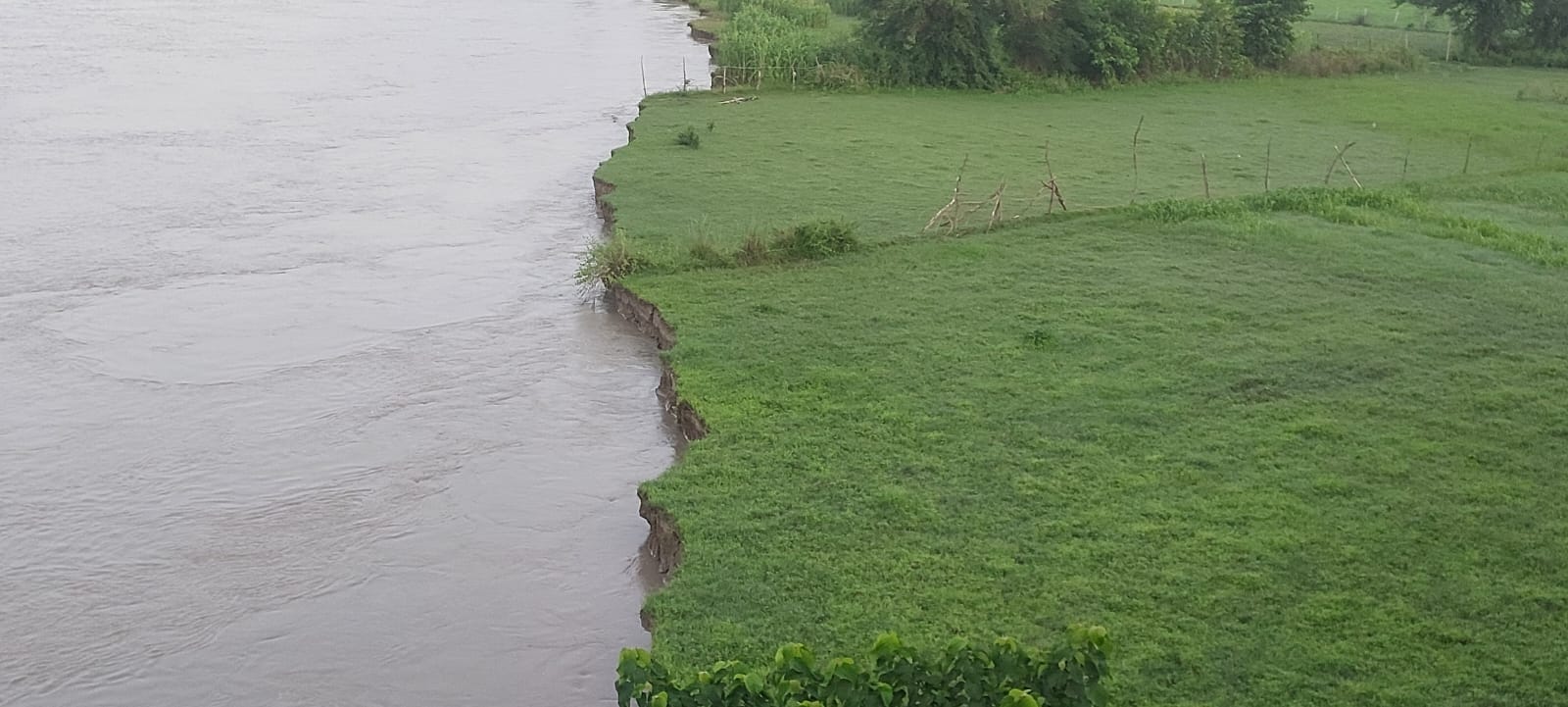 नवाबगंज के बाड़ी माझा में कटान करती सरयू नदी और इसी क्षेत्र में कटान से नदी में समाता खेत। - सं