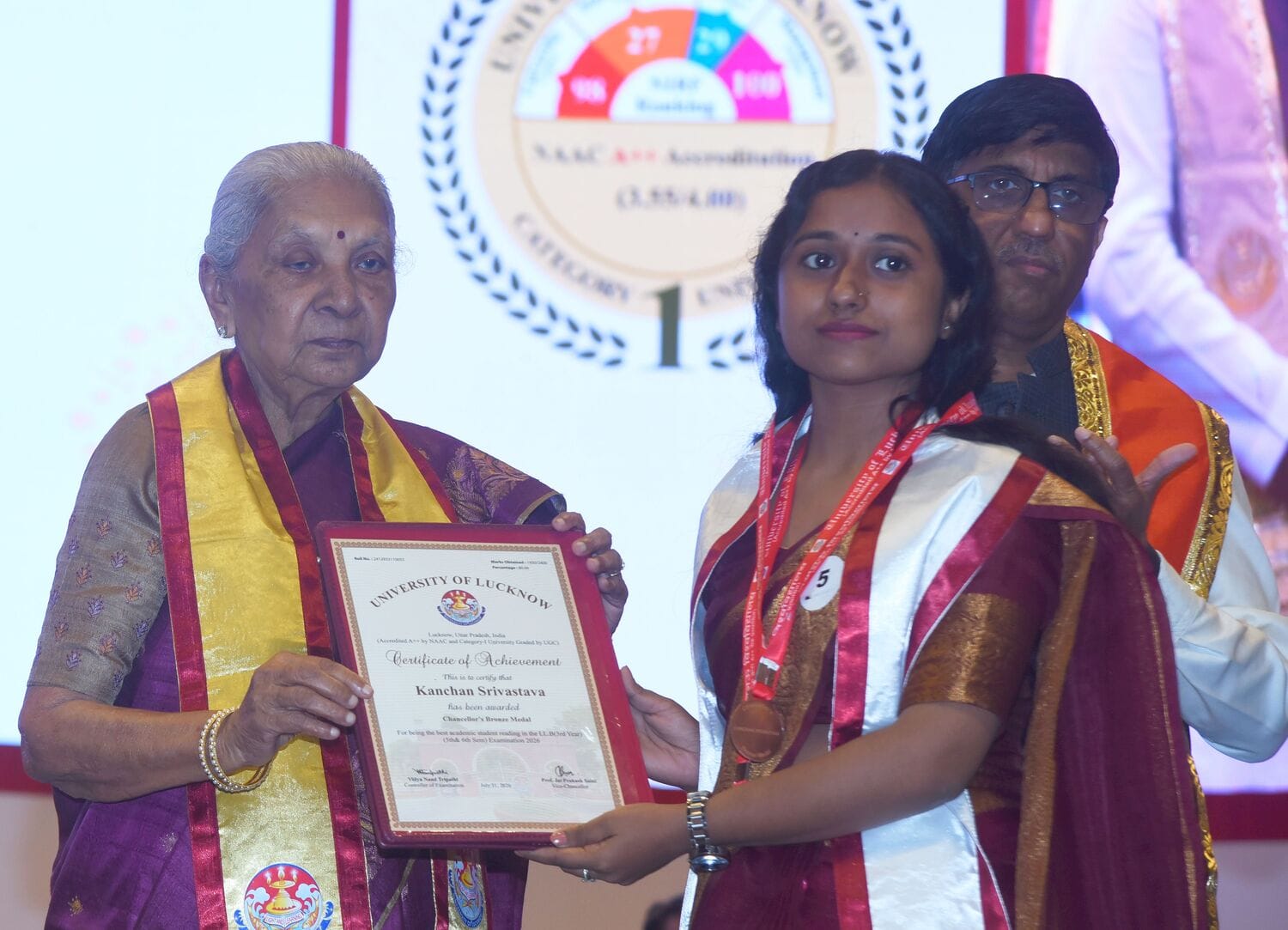लखनऊ विश्वविद्यालय के 69वें दीक्षांत समारोह में मेडल व डिग्री पाने वाले छात्र-छात्राएं। मंच पर 