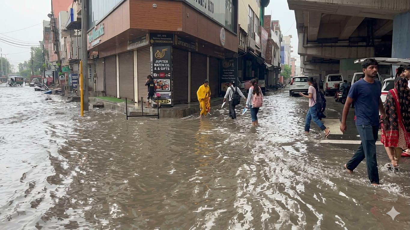 33-रोहतक के मॉडल टाउन स्थित डबल पार्क के पास जलभराव से बंद स्कूटी को लेकर जाता राहगीर। संवाद