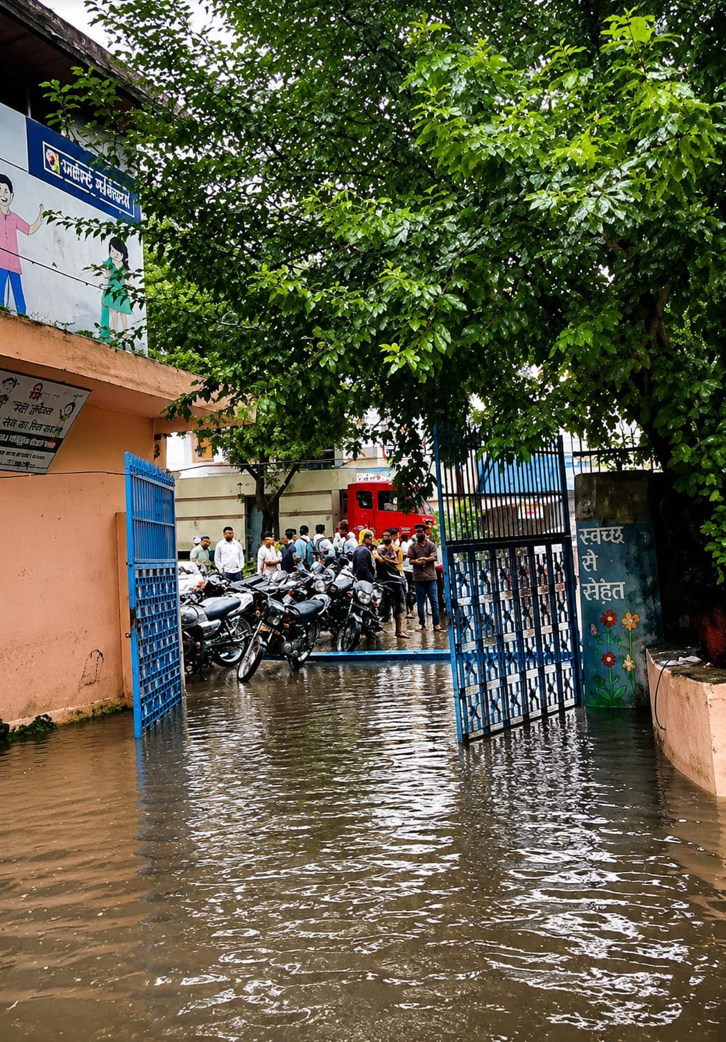 मटका चौक पर जलभराव के बीच से गुजरता कांवड़िया। संवाद