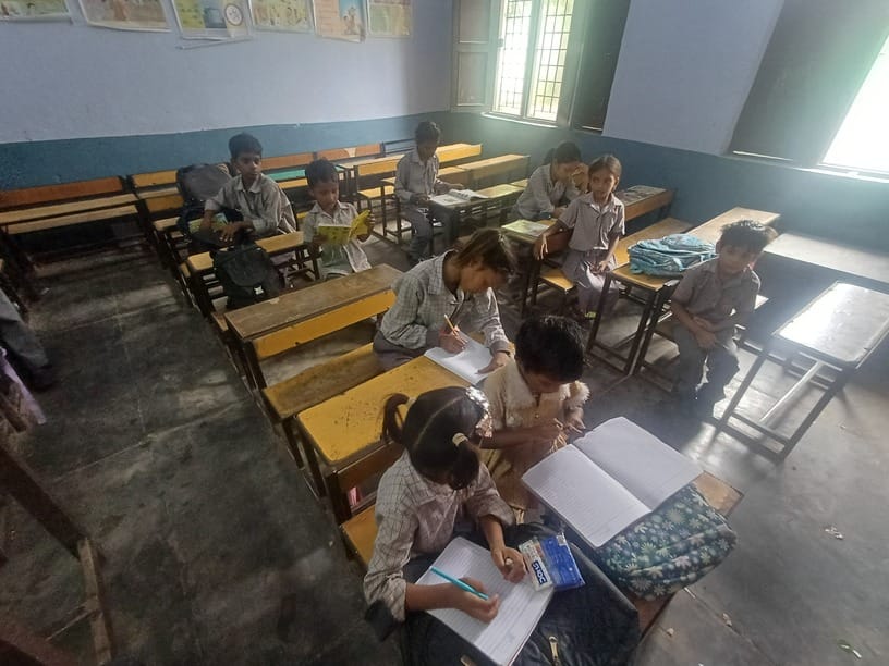 छावनी की हाउसिंग बोर्ड काॅलोनी स्थित डेहा बस्ती स्कूल में इंटरलॉकिंग टाइल से बनाया अस्थाई सिमे