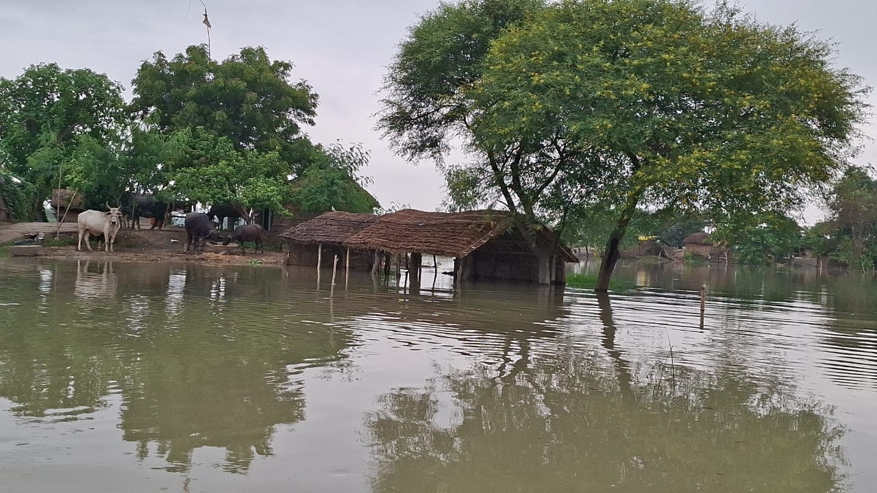 बाढ़ के पानी में जल रहा चूल्हा बाढ़ के पानी में जल रहा चूल्हा