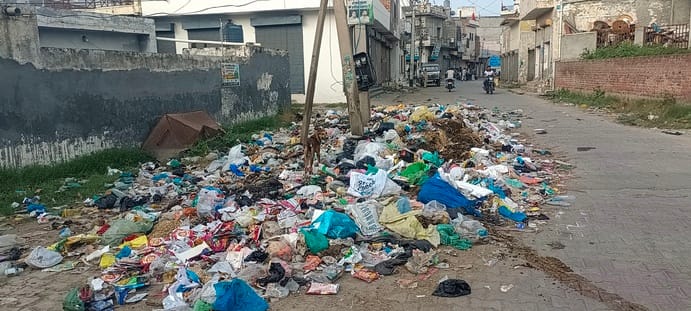 प्रशासन द्वारा करवाए जा रहे कचरा उठान का विरोध करते हुए कर्मचारी।