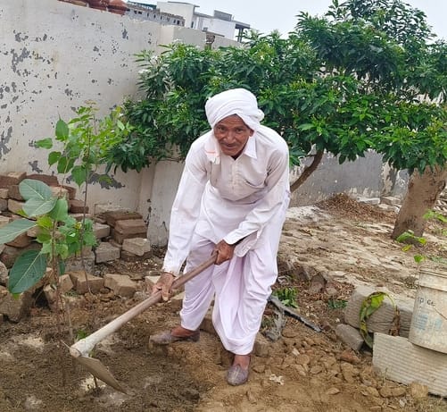 दुर्गा मंदिर परिसर में त्रिवेणी का पौधा लगाकर पर्यावरण संरक्षण का संदेश देते पंडित रोशन लाल शर् दुर्गा मंदिर परिसर में त्रिवेणी का पौधा लगाकर पर्यावरण संरक्षण का संदेश देते पंडित रोशन लाल शर्
