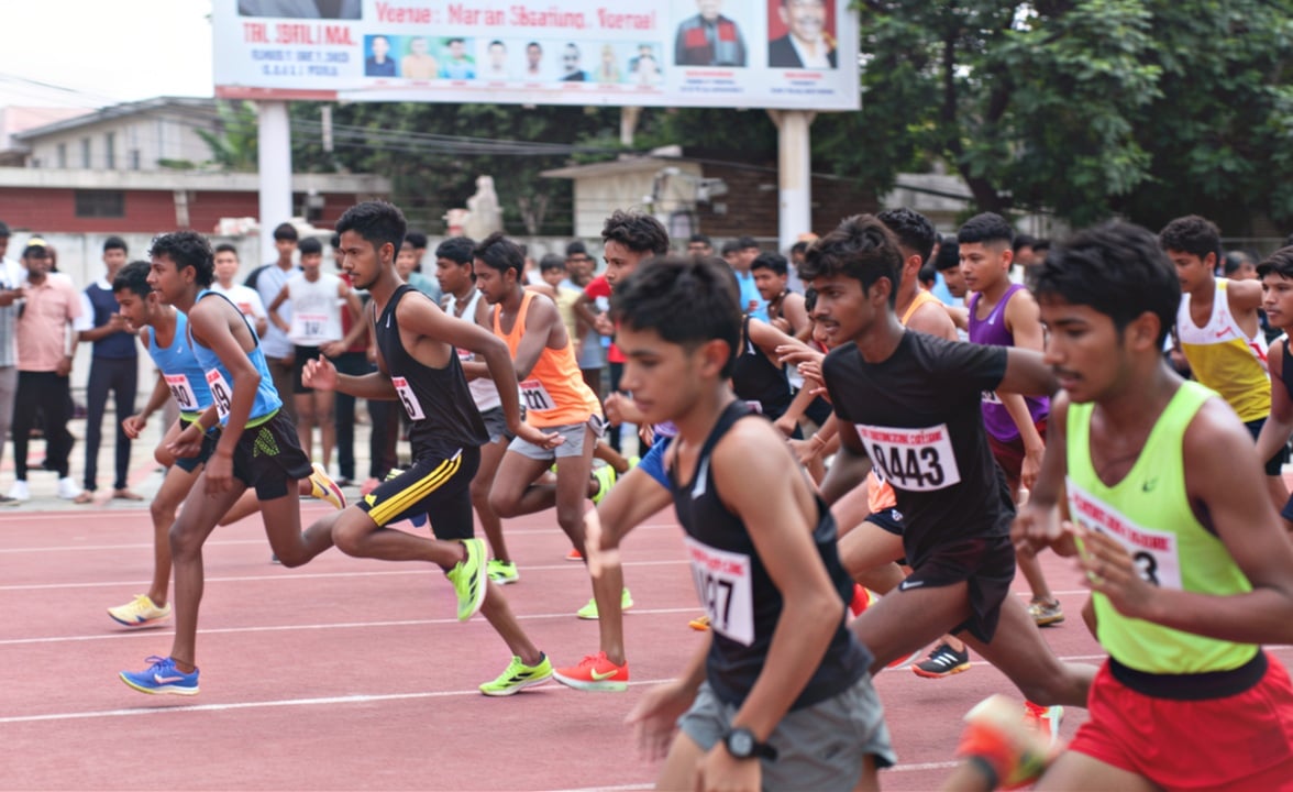 राज्य स्तरीय स्कूली एथलेटिक्स प्रतियोगिता में 200 मीटर दाैड़ में भाग लेते खिलाड़ी। संवाद राज्य स्तरीय स्कूली एथलेटिक्स प्रतियोगिता में 200 मीटर दाैड़ में भाग लेते खिलाड़ी। संवाद
