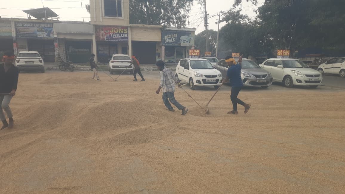 जगाधरी अनाज मंडी में डिवाइडर पर रखीं धान से भरी बोरियां। संवाद