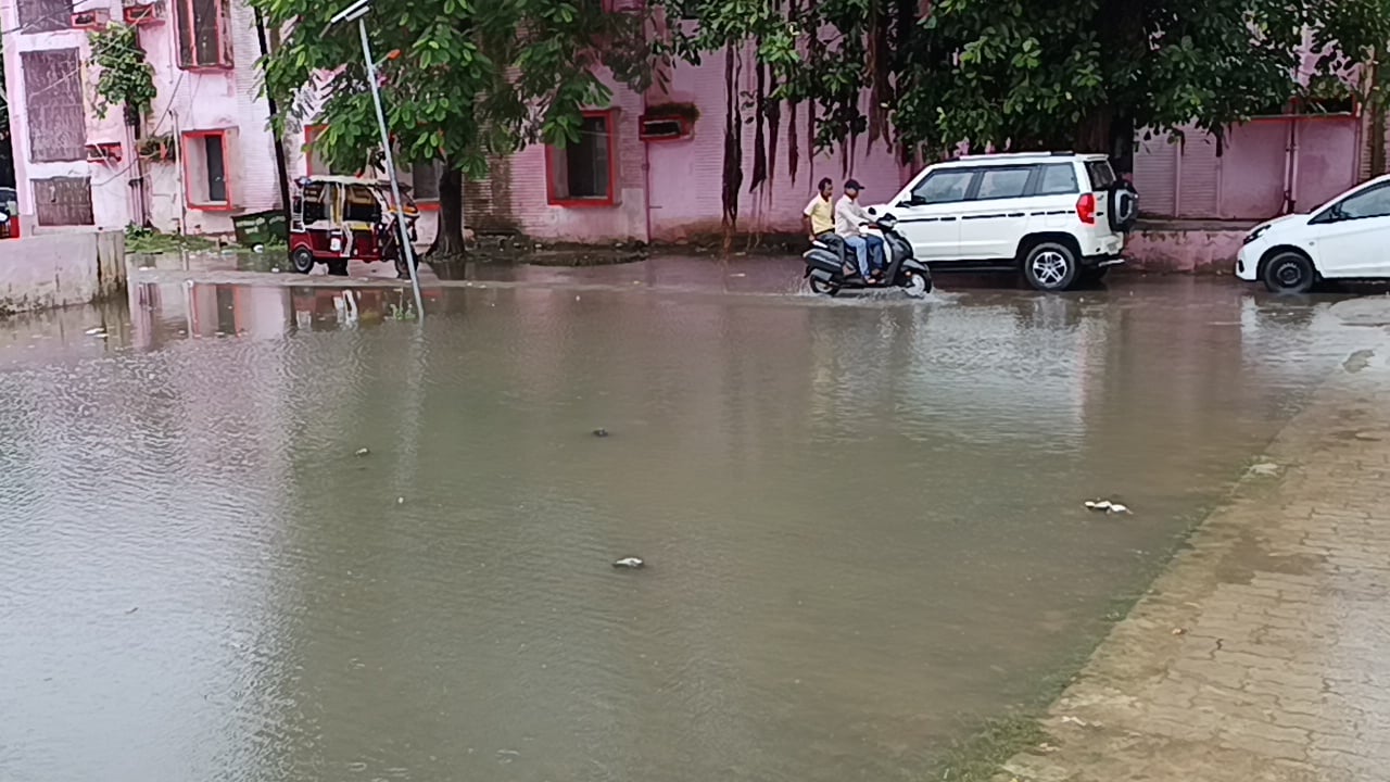 बारिश के बीच छाता लेकर जाते लोग। बारिश के बीच छाता लेकर जाते लोग।