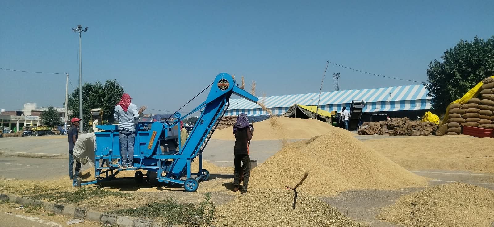 कुरुक्षेत्र। थानेसर अनाजमंडी में धान की ट्रैक्टर-ट्राली के प्रवेश से पहले गेट पास बनाने कर्मी। 