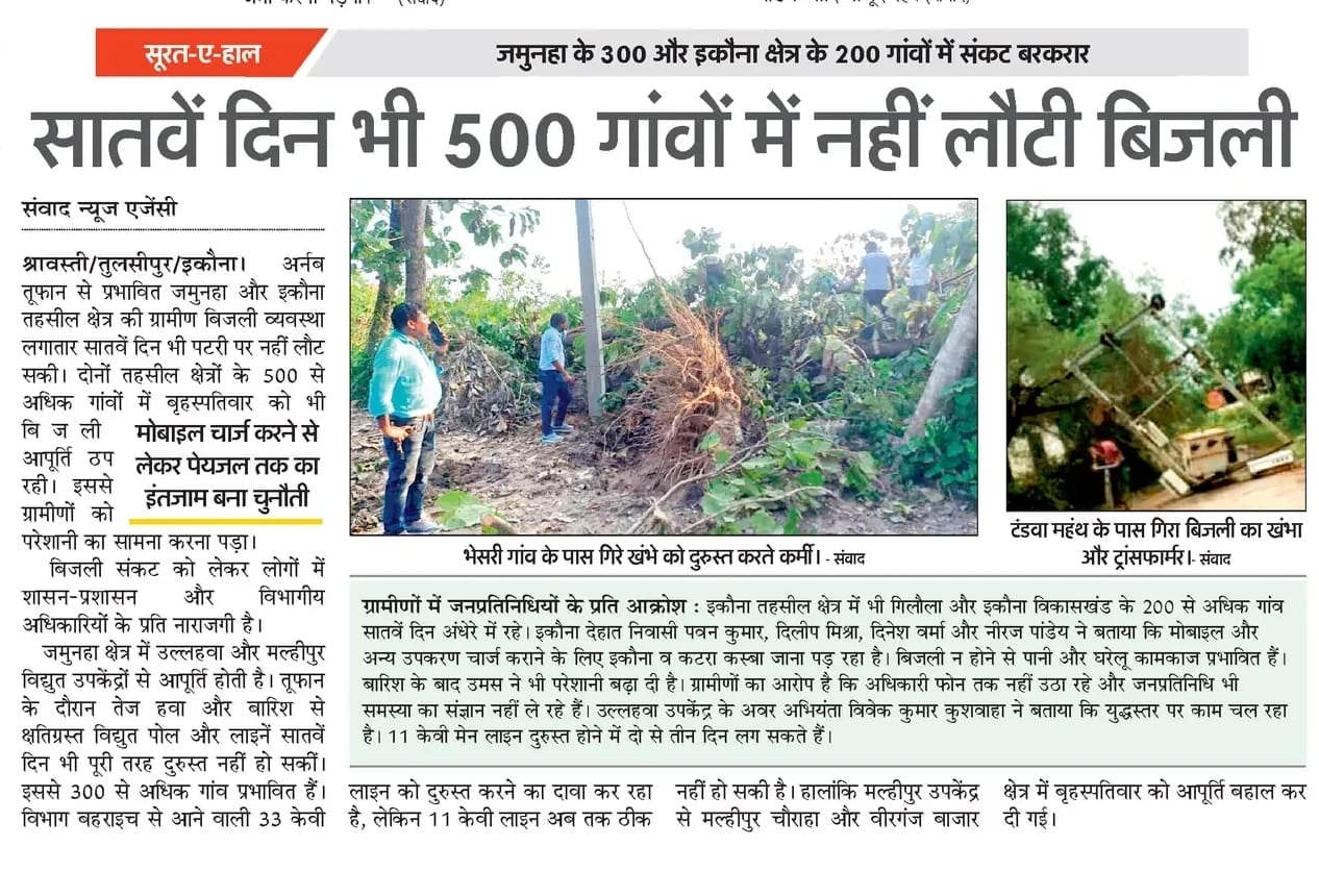 भेसरी गांव के पास ग्रामीणों की मदद से बिजली का खंभा खड़ा करते कर्मी भेसरी गांव के पास ग्रामीणों की मदद से बिजली का खंभा खड़ा करते कर्मी