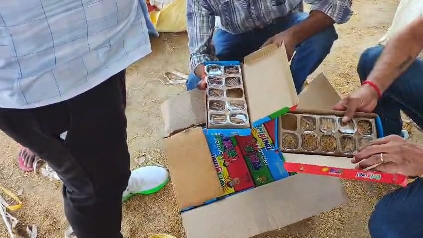 फैक्टरी में रखे हुए पटाखों के लिए डिब्बे। संवाद फैक्टरी में रखे हुए पटाखों के लिए डिब्बे। संवाद