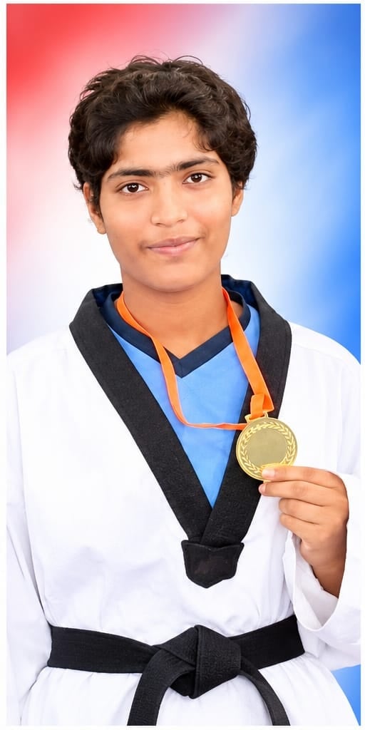 70वीं प्रदेशीय विद्यालयीय ताइक्वांडो प्रतियोगिता में स्वर्ण पदक विजेता---नव्या यादव। स्रोत- अका