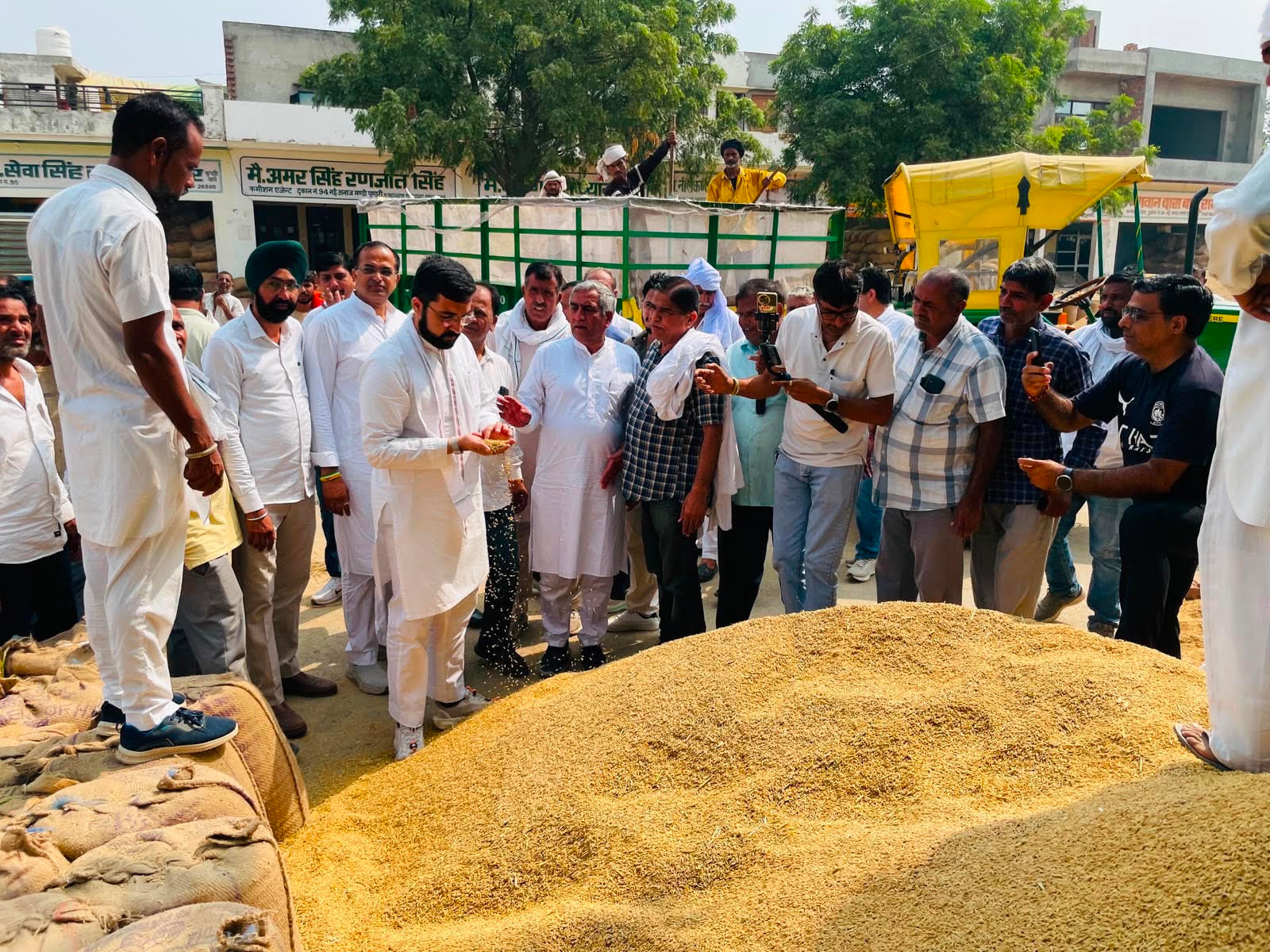पूंडरी की मंडी में धान खरीद का जायजा लेते विधायक सुरजेवाला। विज्ञप्ति