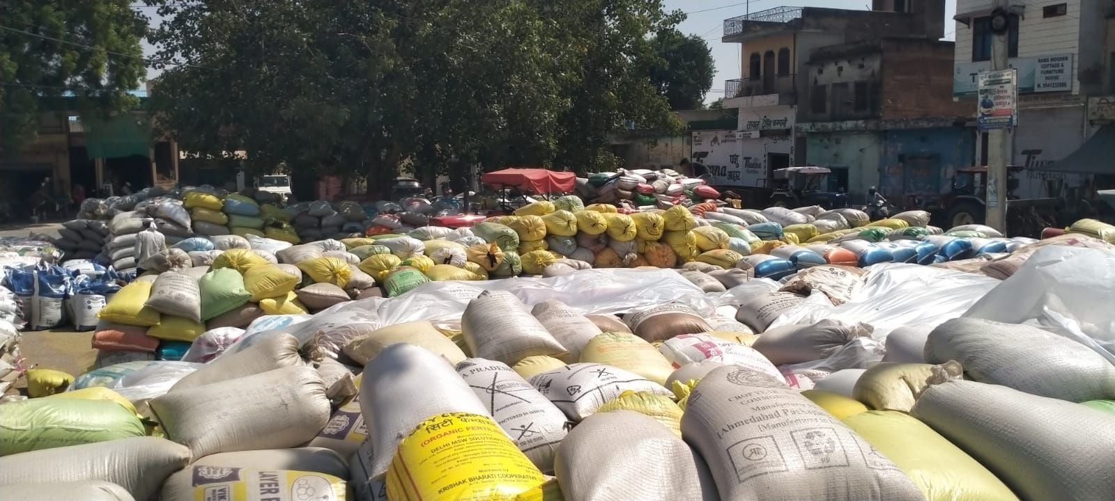 फाेटो संख्या:74- अनाज मंडी  महेंद्रगढ़ में लगे बाजरे से भरी  वाहनों की लंबी कतार--संवाद