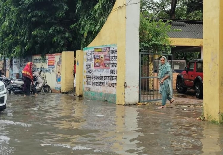 फोटो - नई अनाज मंडी परिसर में धान की ढेरियों के पास भरा हुआ बारिश का पानी। संवाद