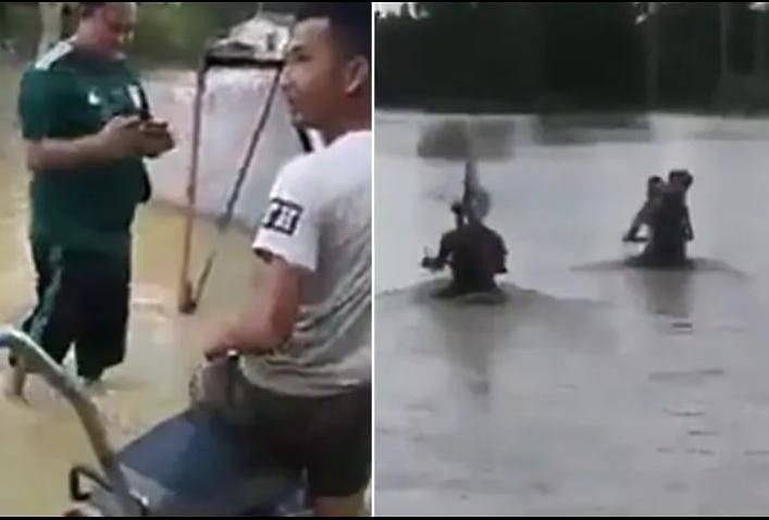 viral video of man who riding motorcycle on waterlog street people give funny comment on it