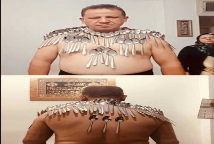 Irani man made a new unique world record in which he stuck 85 spoons on his body
