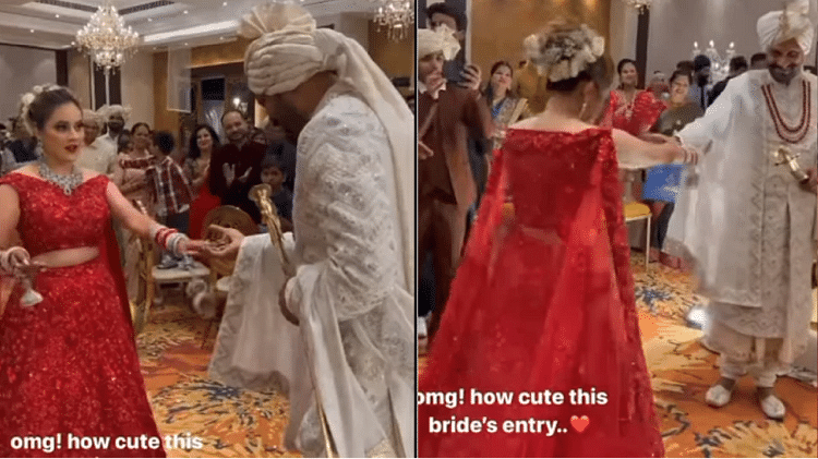 The bride took such an entry groom sat down on his knees