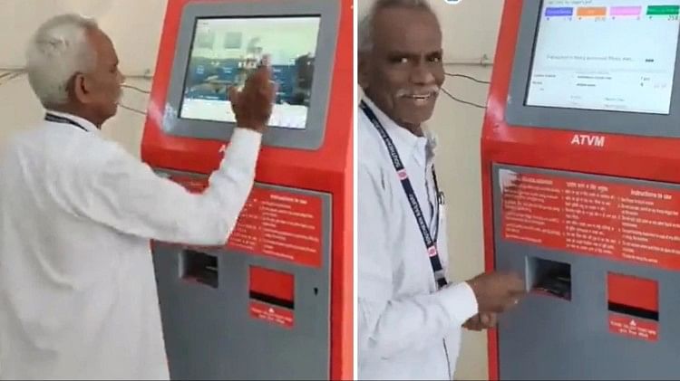 indian railways train ticket self service kiosk machine old man cut the train ticket at a faster speed