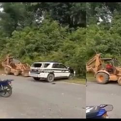 man smashes police vehicle with bulldozer after challan video goes viral on social media