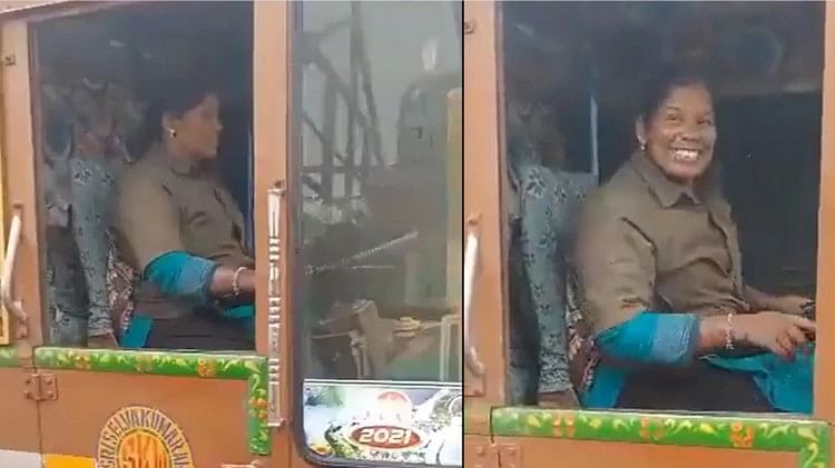 Woman Truck Driver drives truck on road smile on her face won hearts of people
