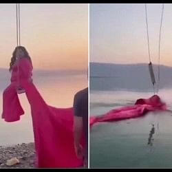 funny video viral bride was doing photoshoot sitting on the swing the rope