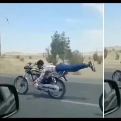 Two man performing dangerous stunts while lying on a moving bike hits by car viral video