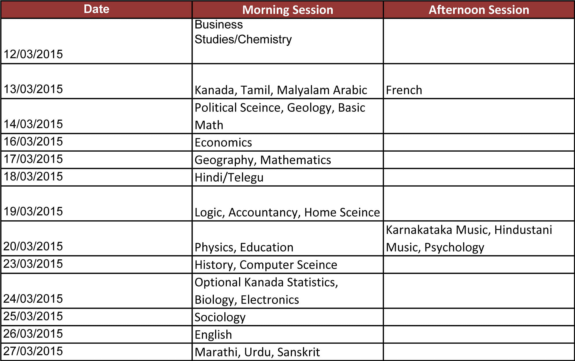 Karnataka IInd PU Examination March 2015 time table out